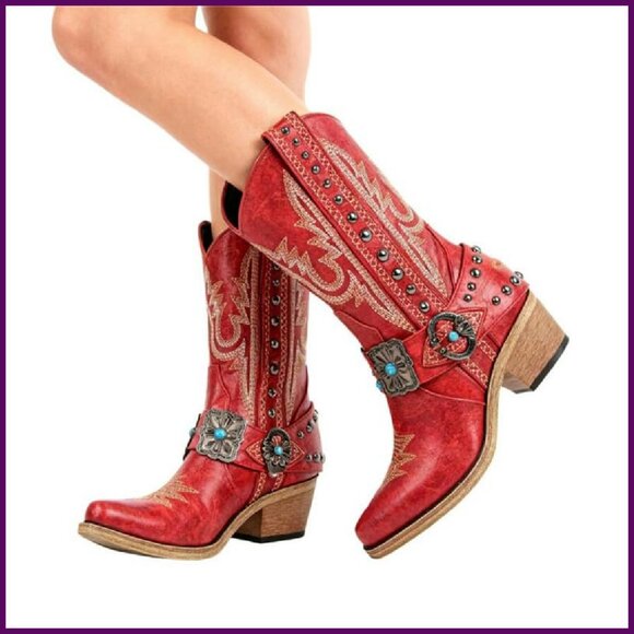 Women's Ankle Boots Western Embroidery Studded Block Heel Synthetic Leather - Picture 2 of 7